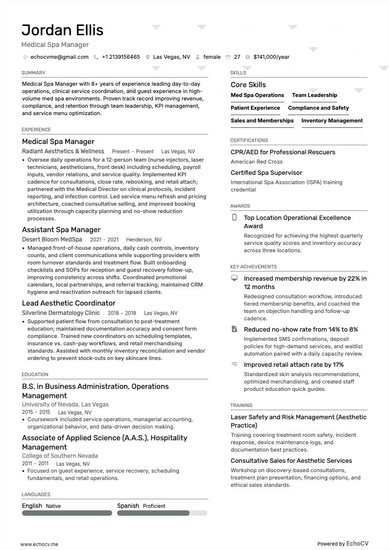 水疗经理 resume example