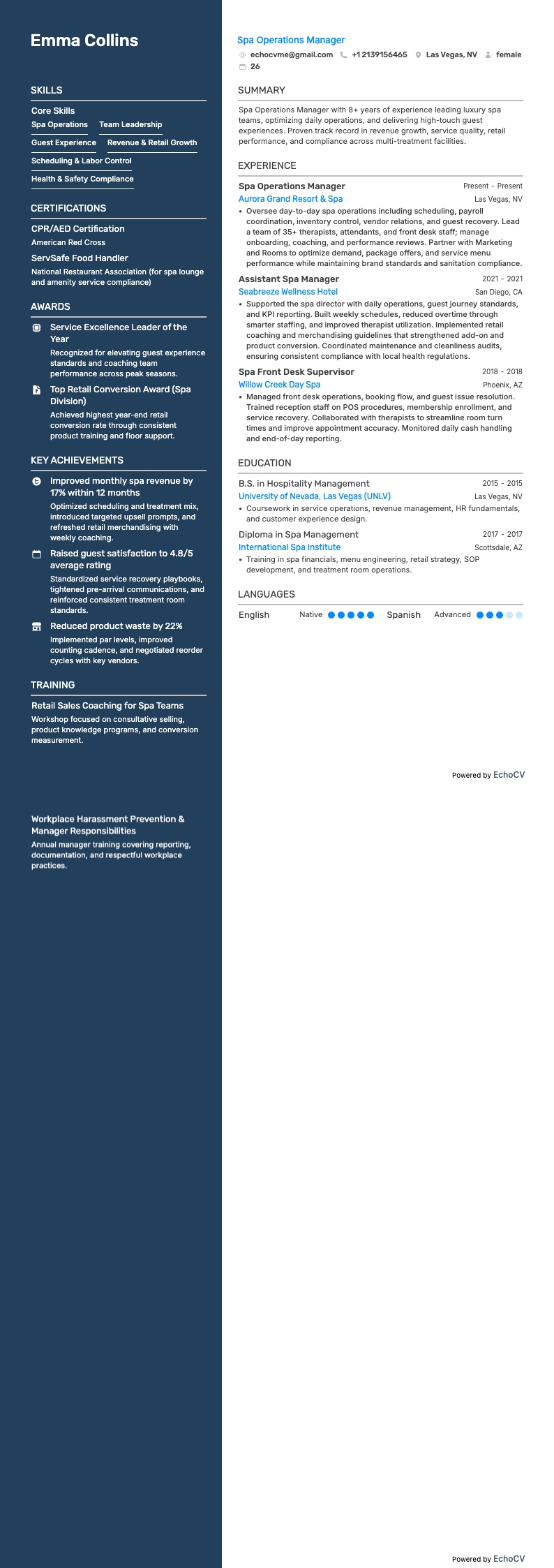 Responsable de spa resume example