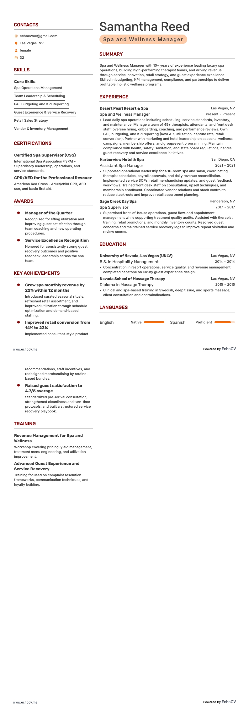 Spa Manager resume example
