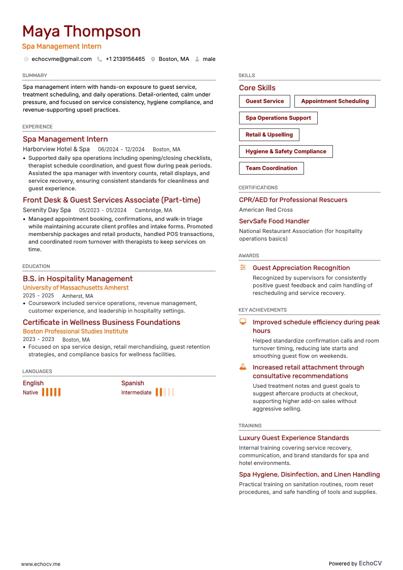 Quản lý spa resume example