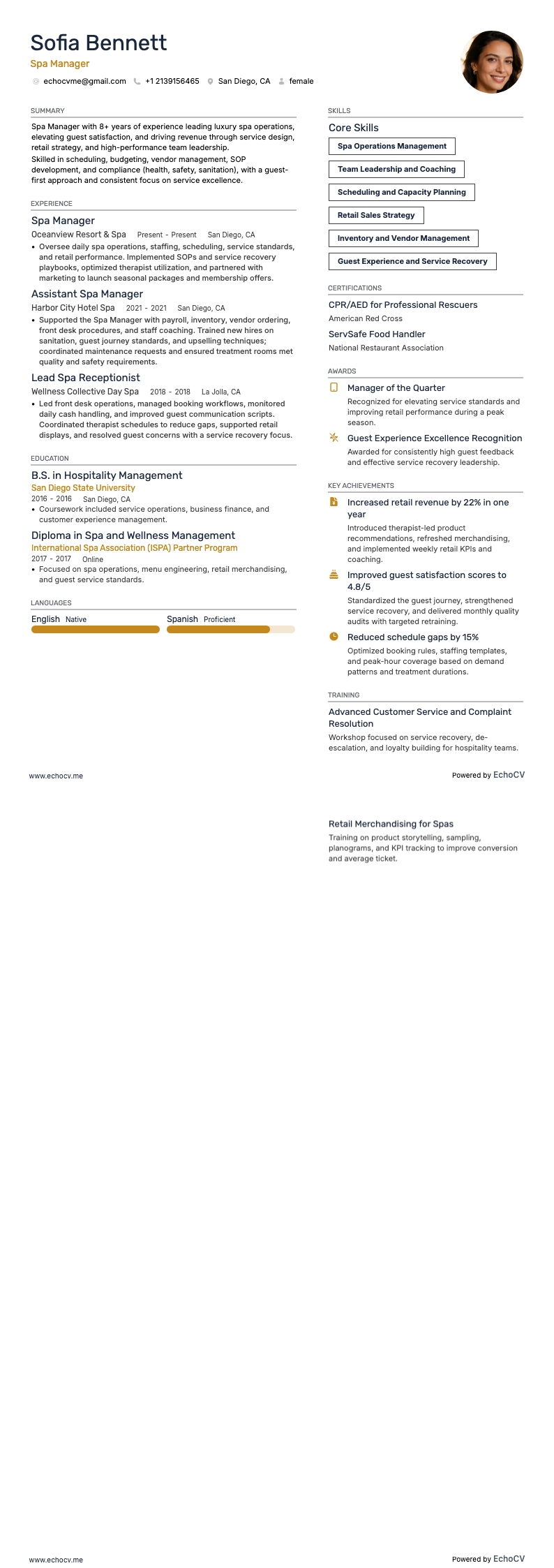 Gerente de spa resume example