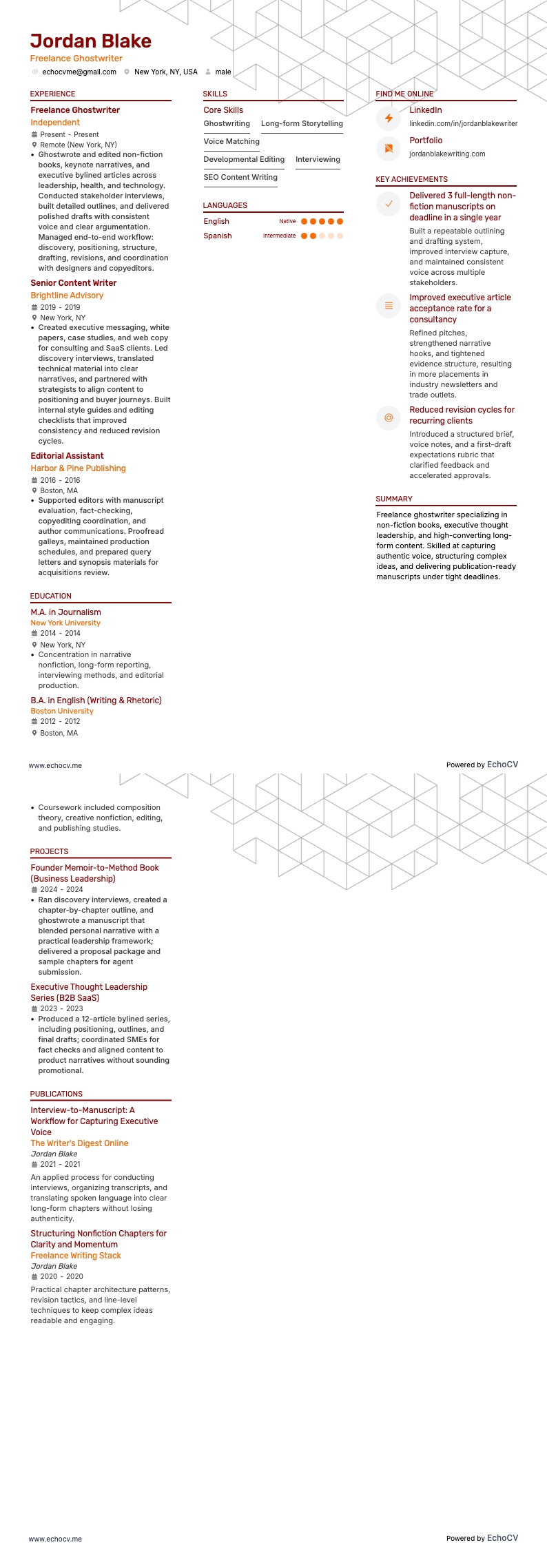 Người viết thuê tự do resume example