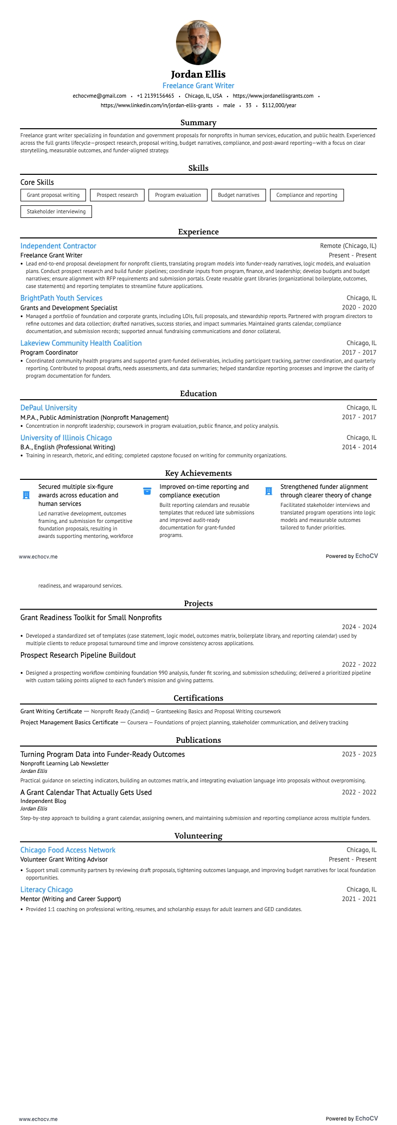 Freelance Grant Writer example resume