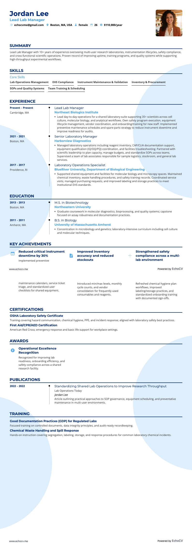 ラボマネージャー resume example