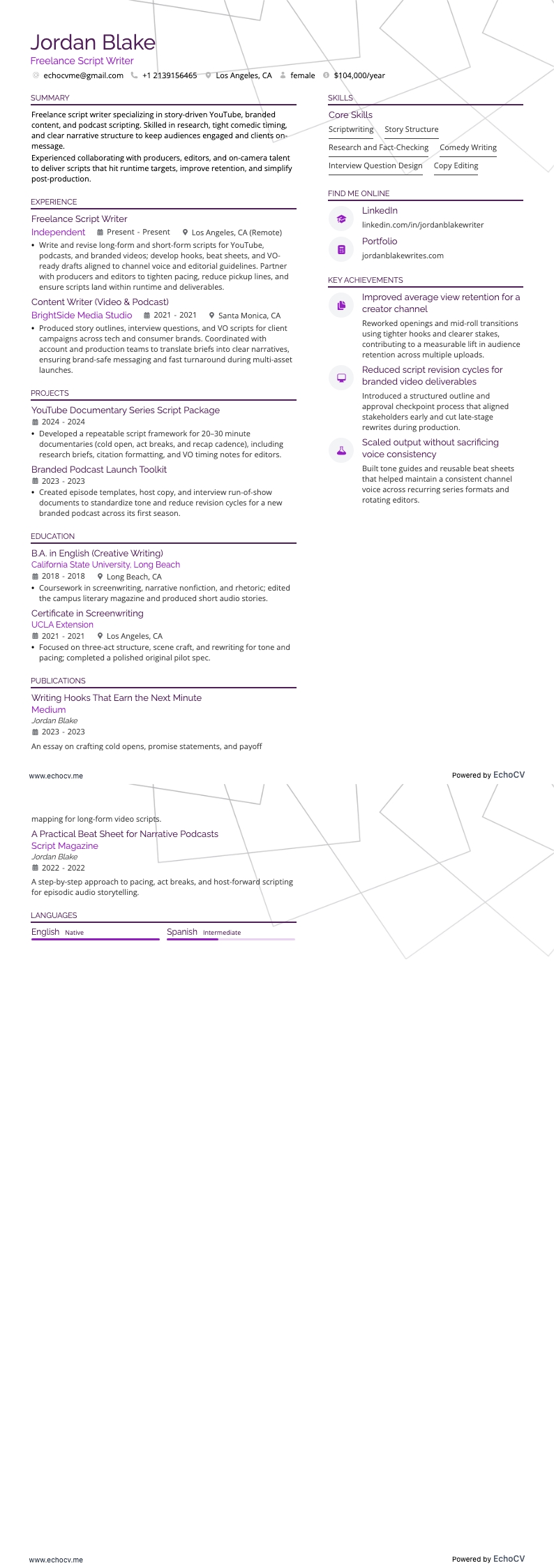 Redator freelance resume example