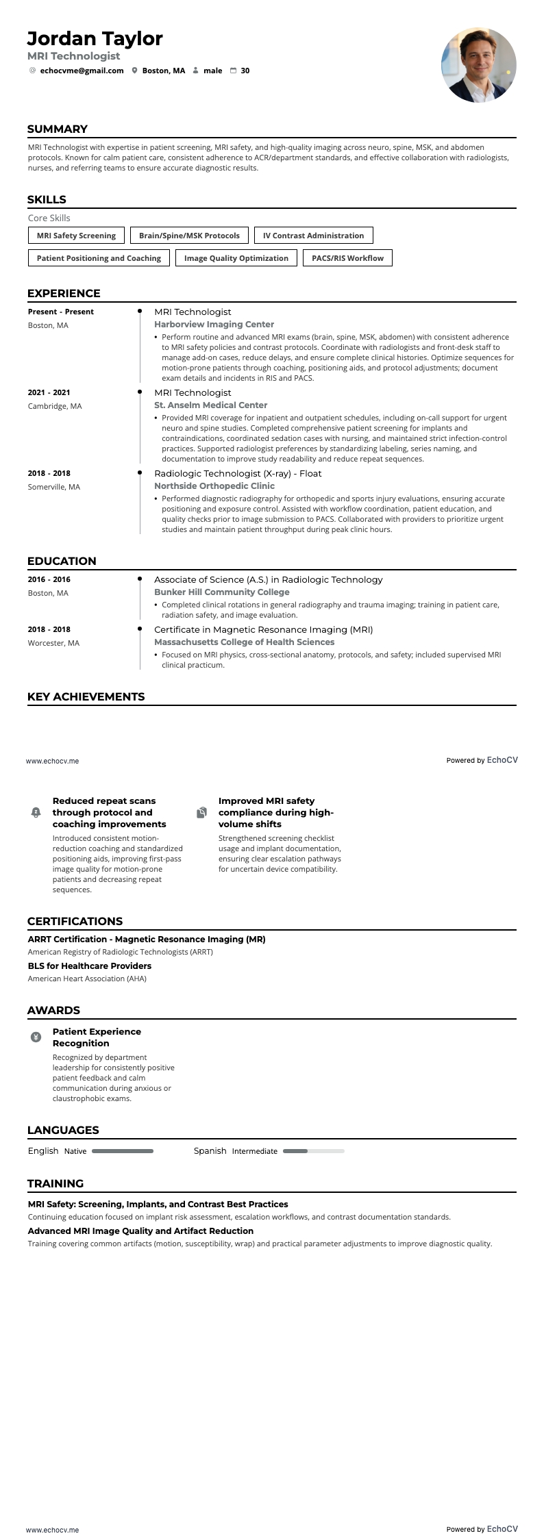 放射科技师 resume example