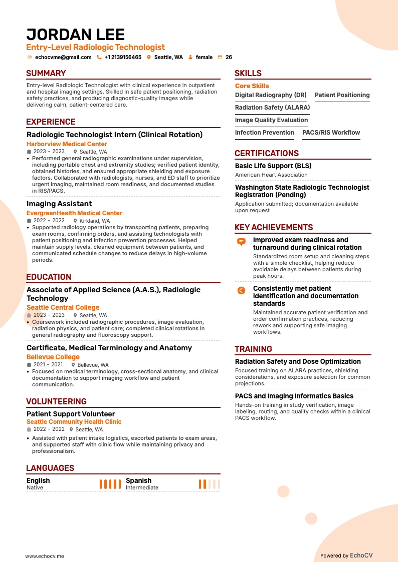 Radiologic Technologist resume example