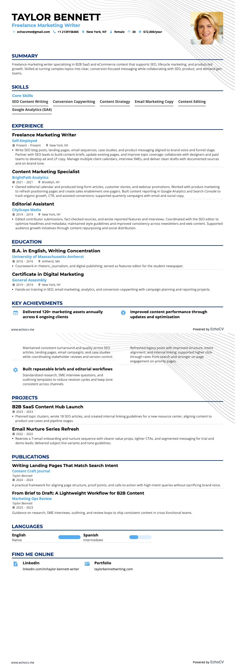 Freelance Marketing Writer example resume