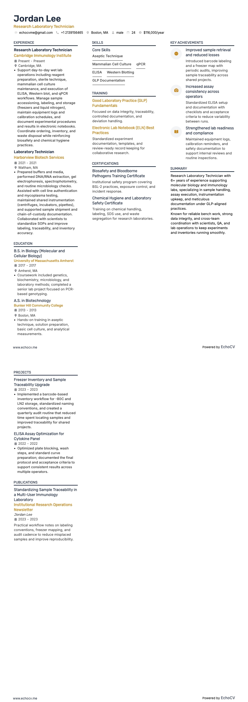 Technicien de laboratoire resume example