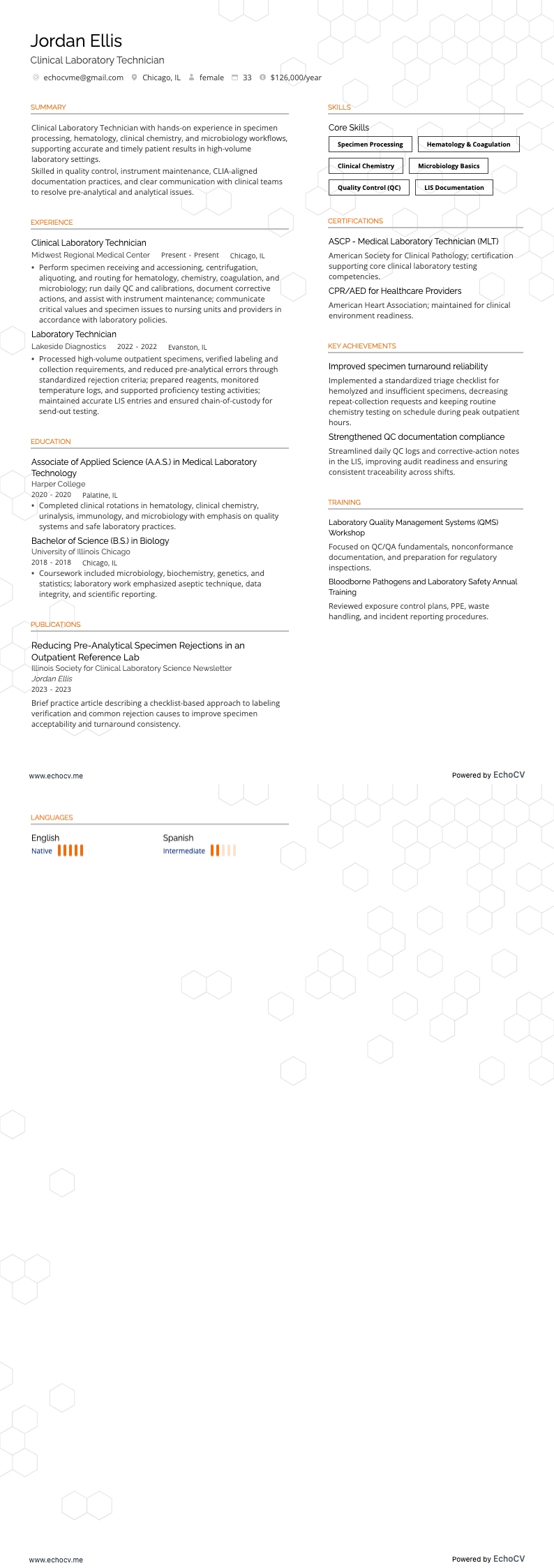 Kỹ thuật viên phòng thí nghiệm resume example