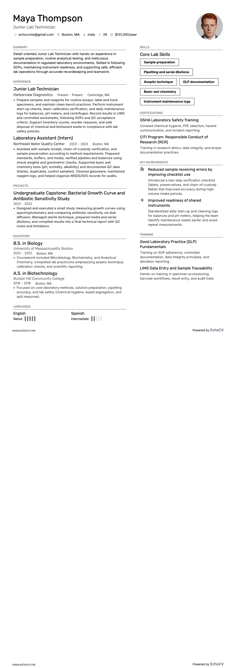 Lab Technician resume example