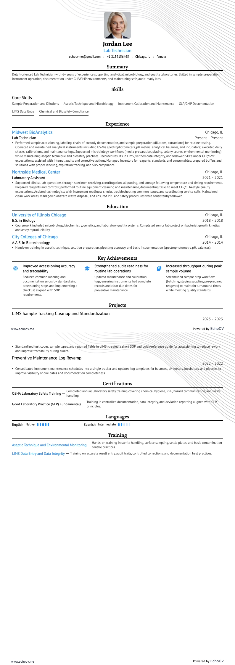 Lab Technician example resume