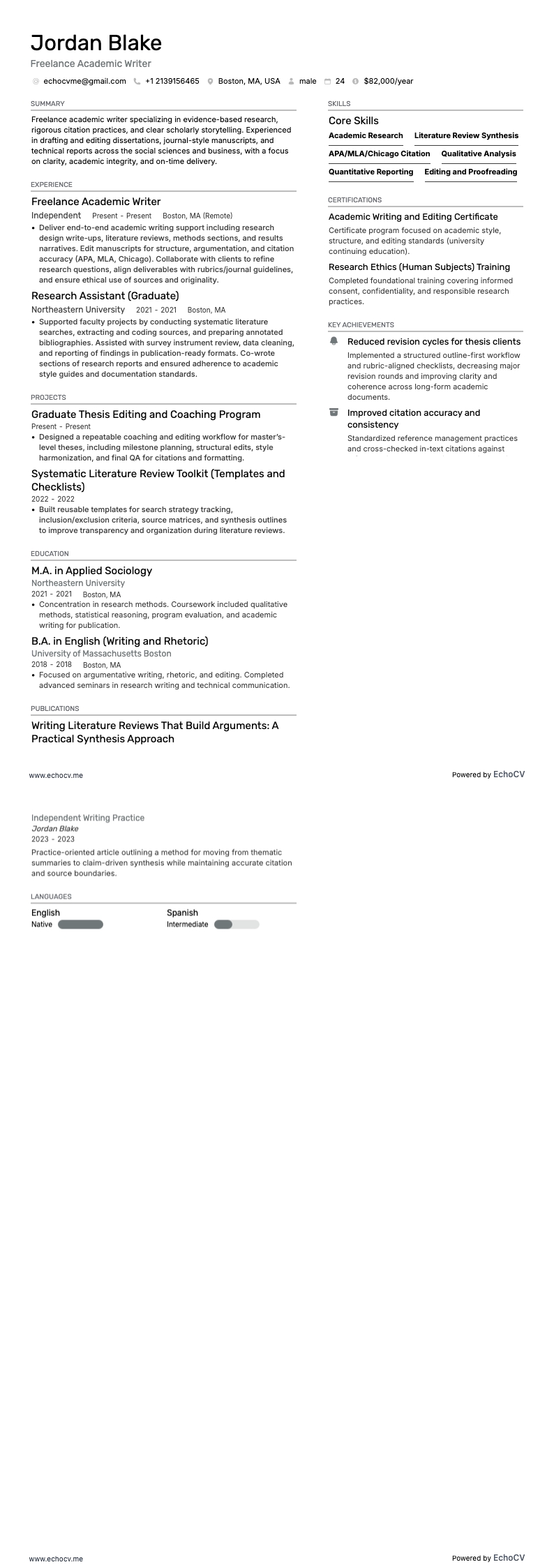 Freelance Writer resume example