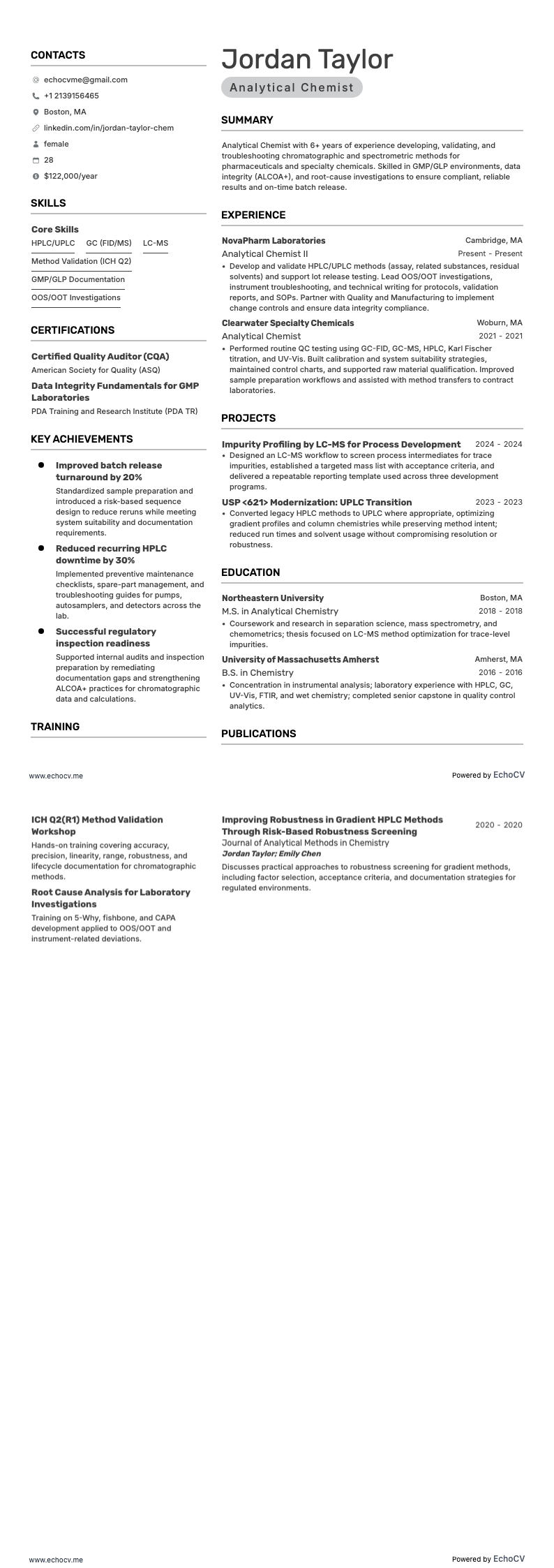 Químico analítico resume example