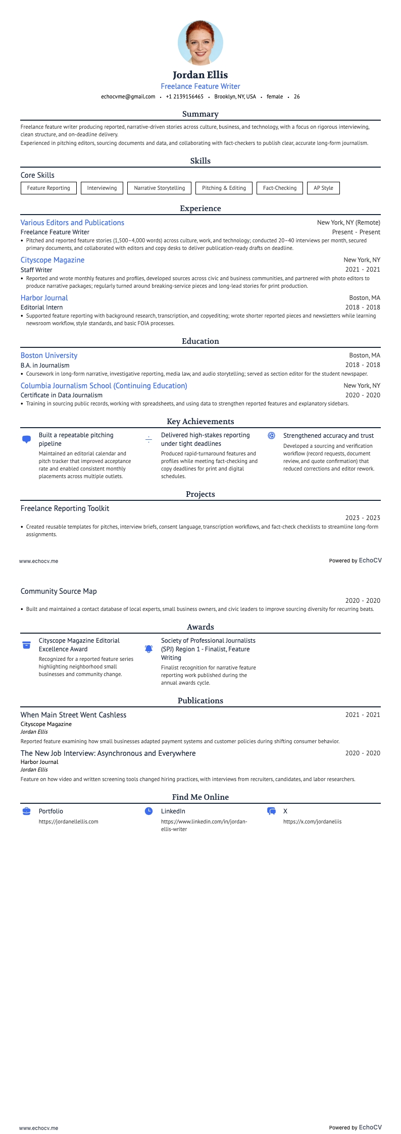 Frilansskribent resume example