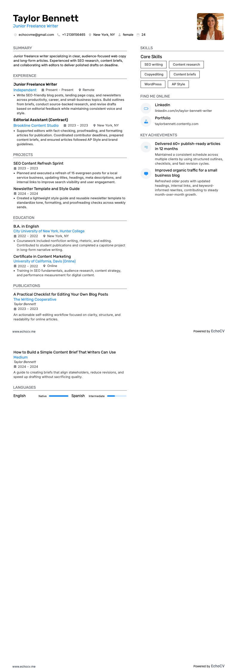 Redactor freelance resume example