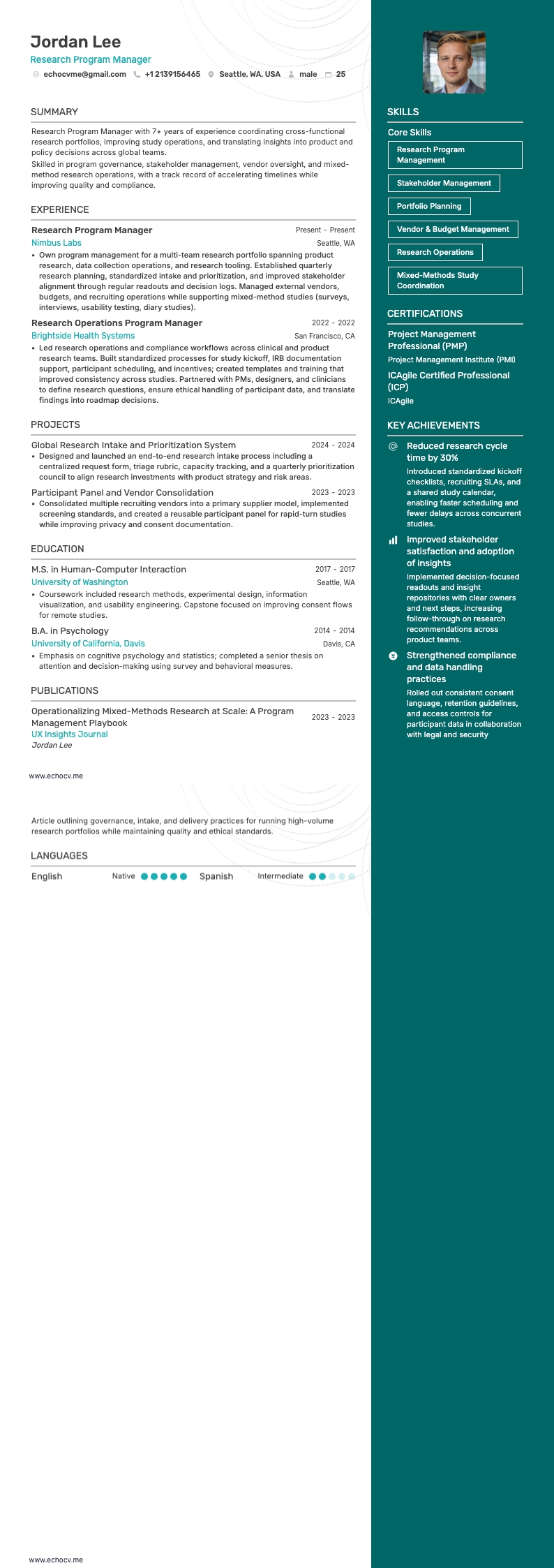 リサーチマネージャー resume example