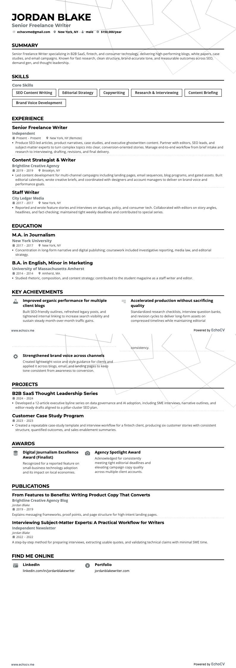 Senior Freelance Writer full preview