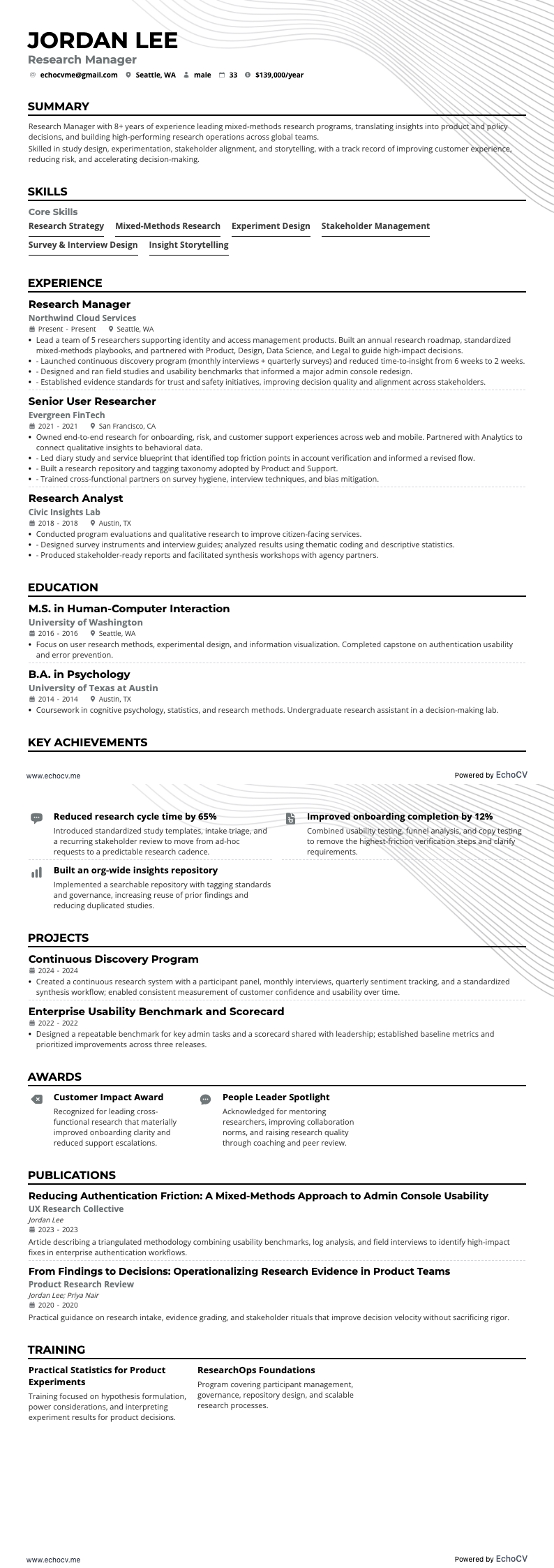 リサーチマネージャー example resume