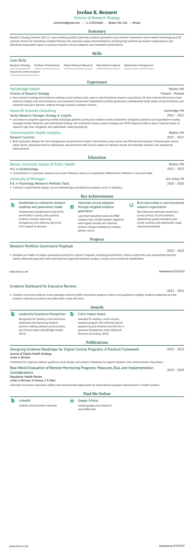 Diretor de Estratégia de Pesquisa example resume