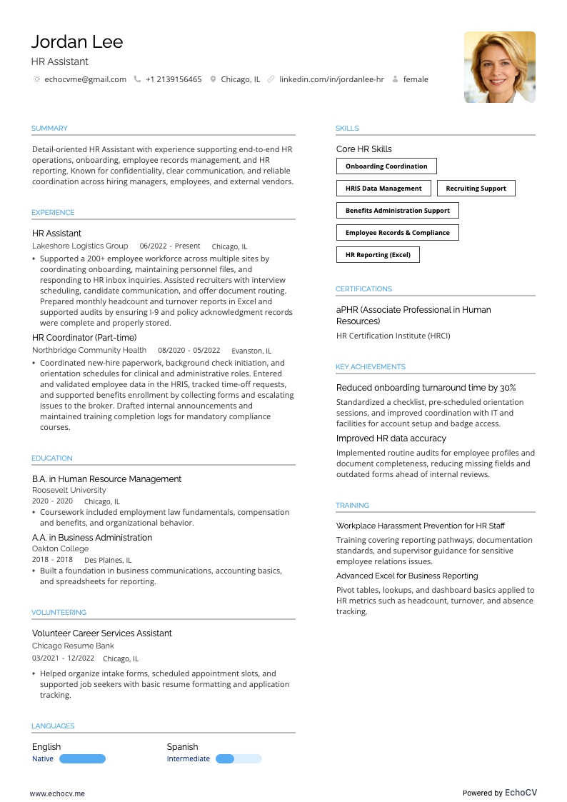 HR Assistant example resume