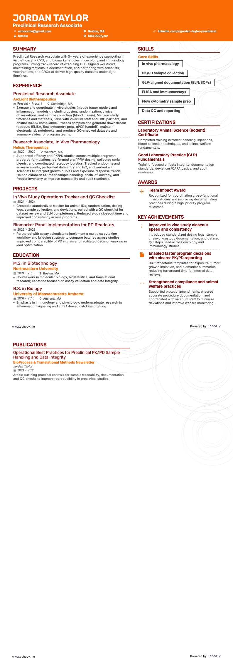 Preclinical Research Associate example resume