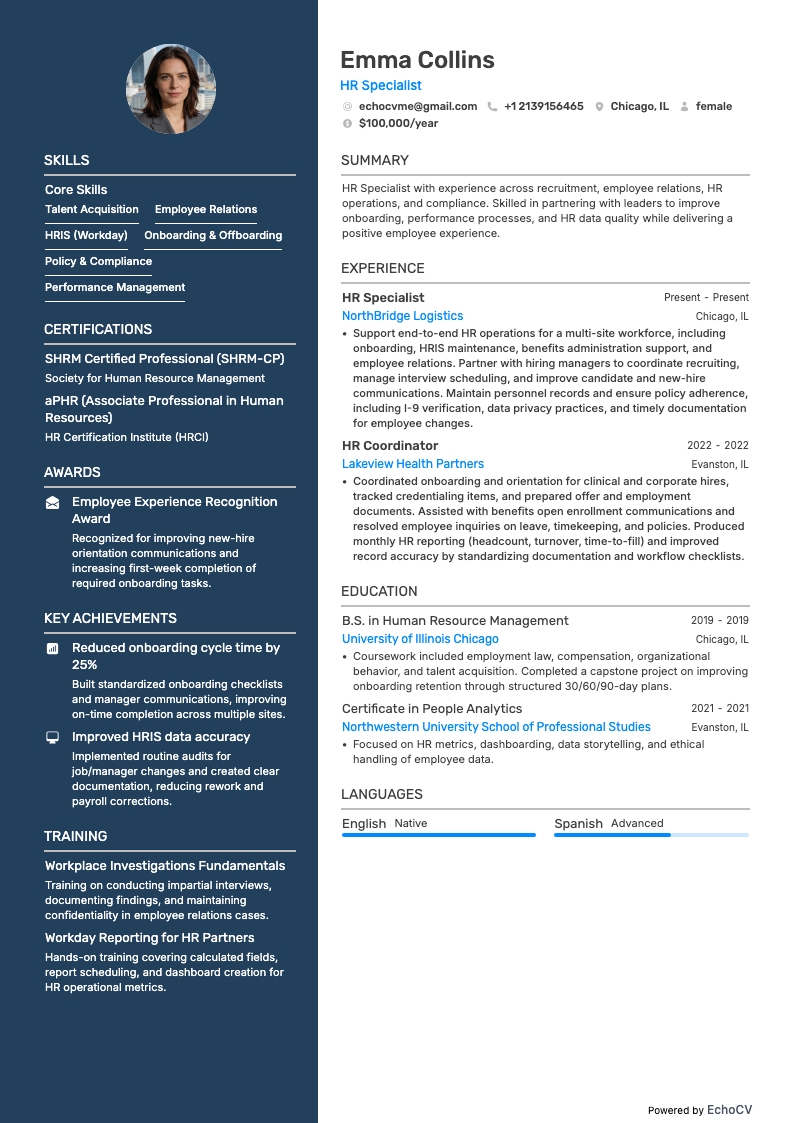 HR Specialist example resume