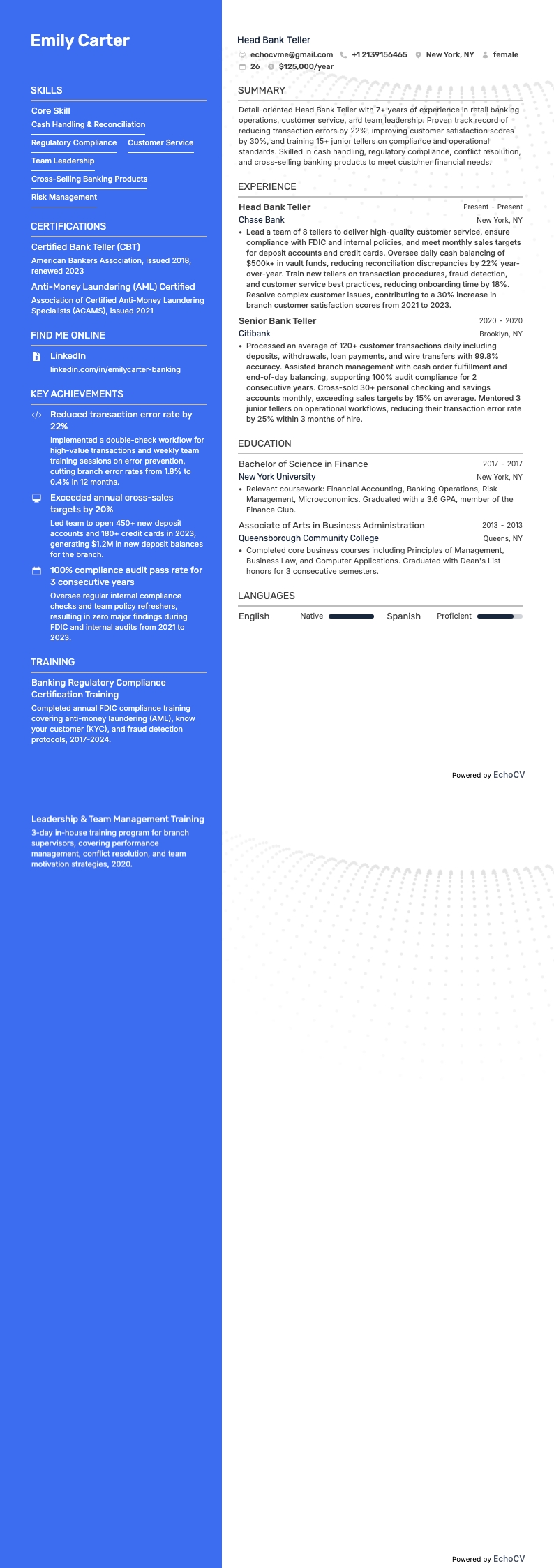 Head Bank Teller example resume