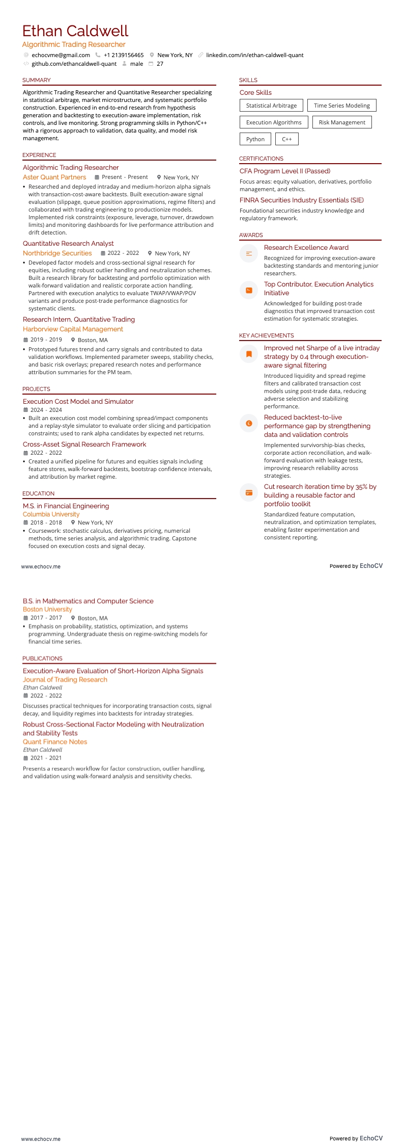 Algorithmic Trading Researcher example resume