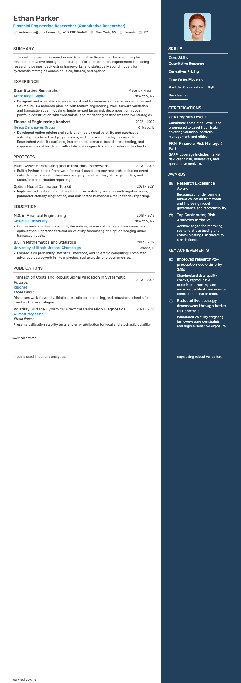 Financial Engineering Researcher example resume