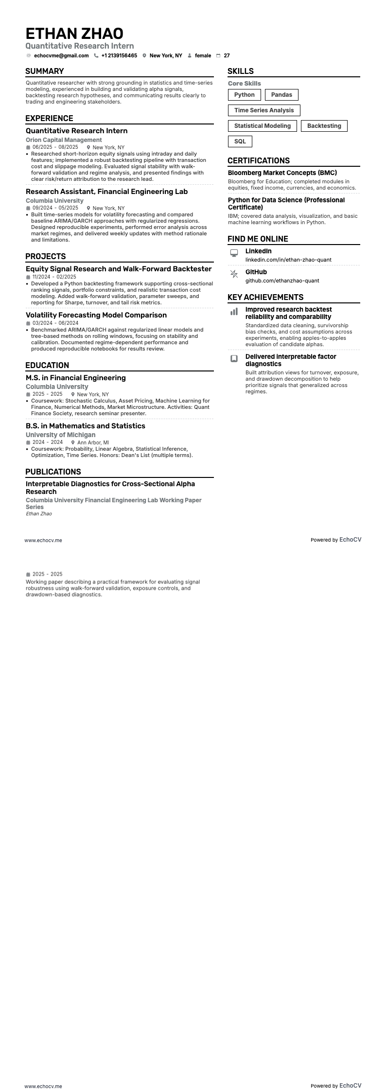 Quantitative Research Intern example resume