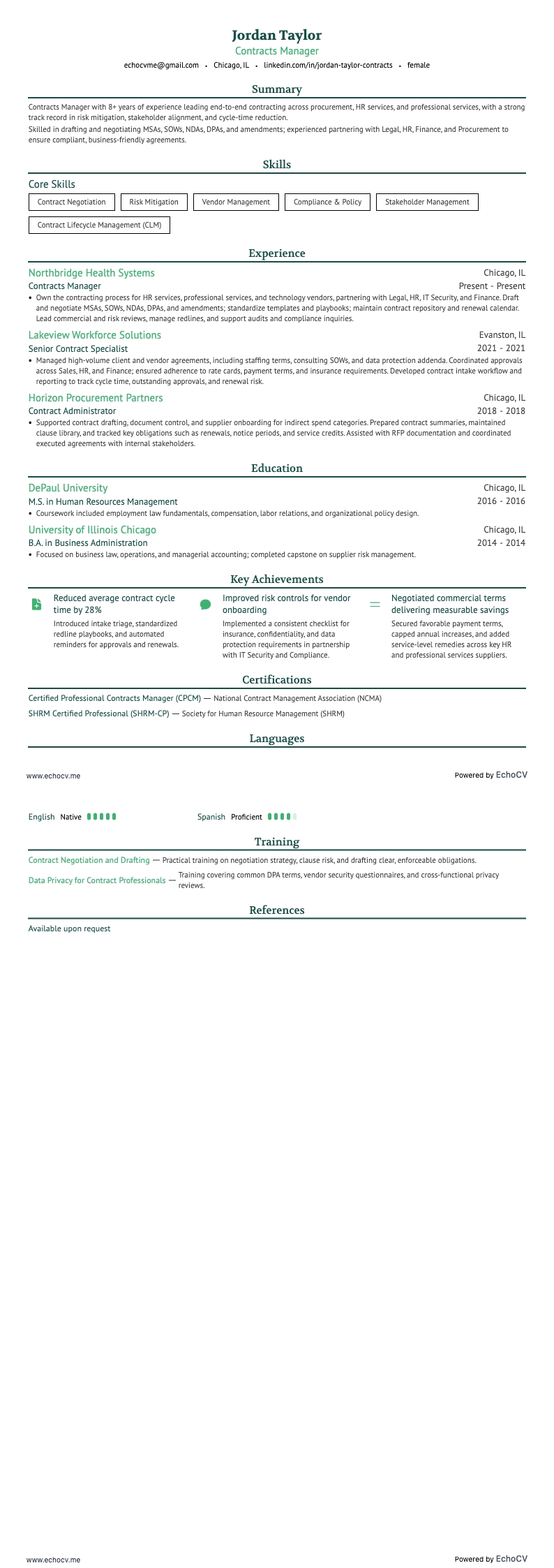 Contracts Manager example resume