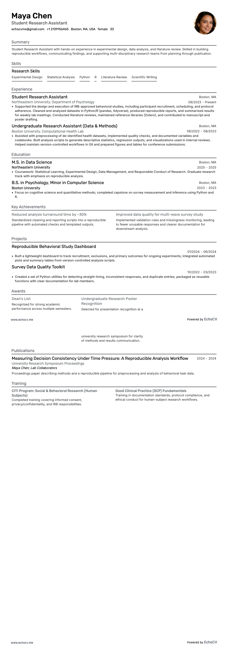 Student Research Assistant example resume