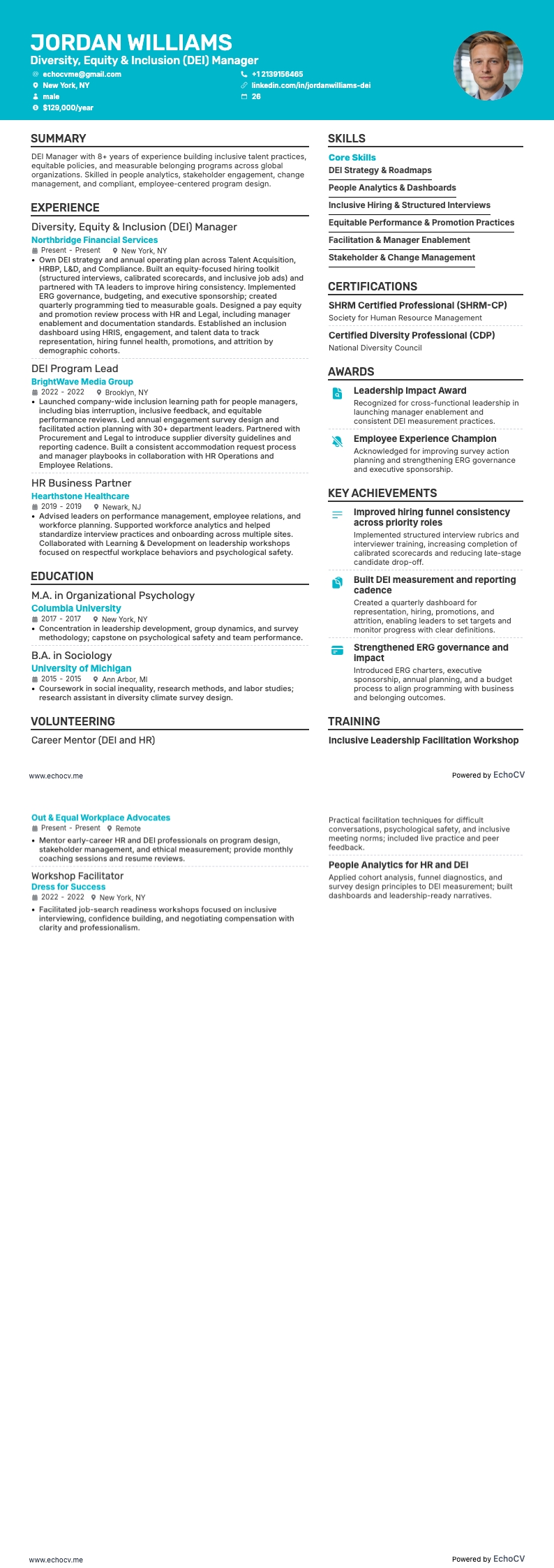 Diversity, Equity & Inclusion (DEI) Manager example resume