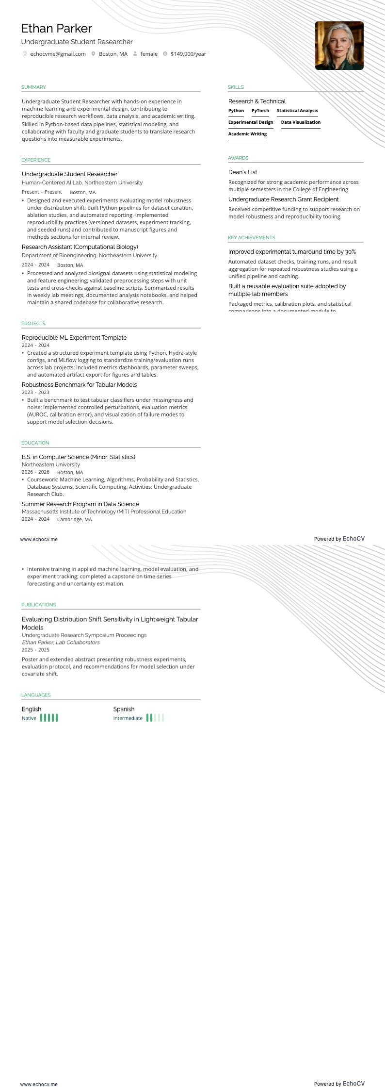 Undergraduate Student Researcher example resume