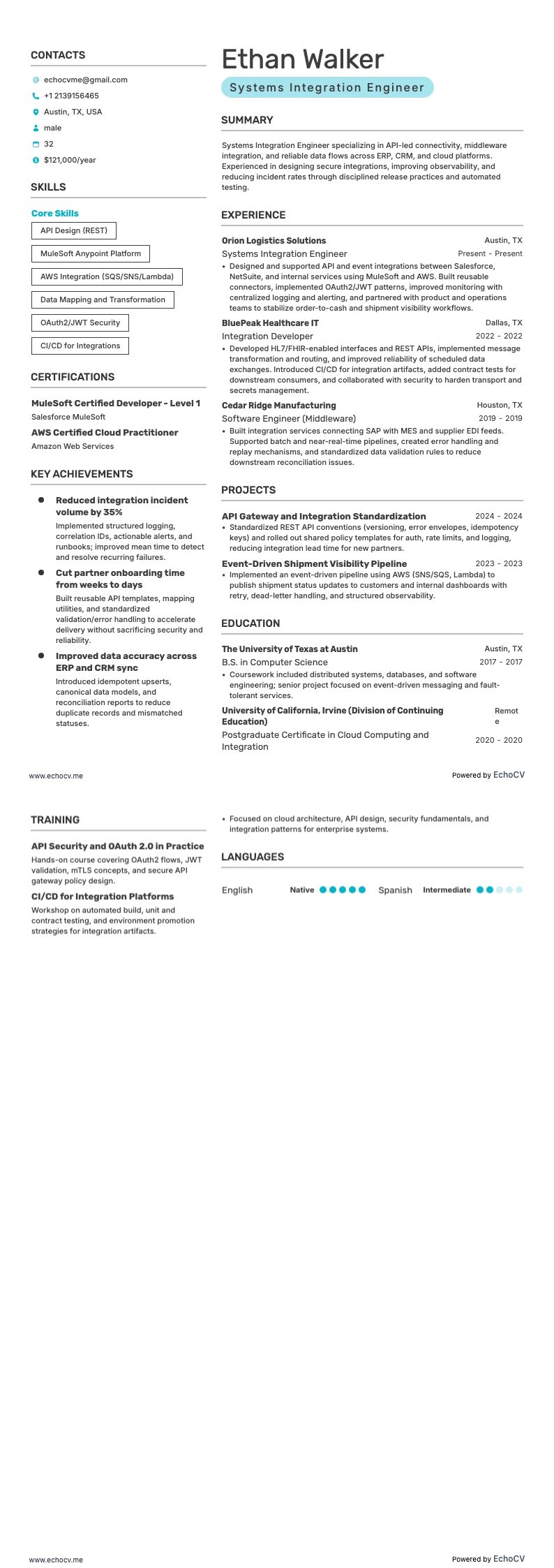 Systems Integration Engineer example resume