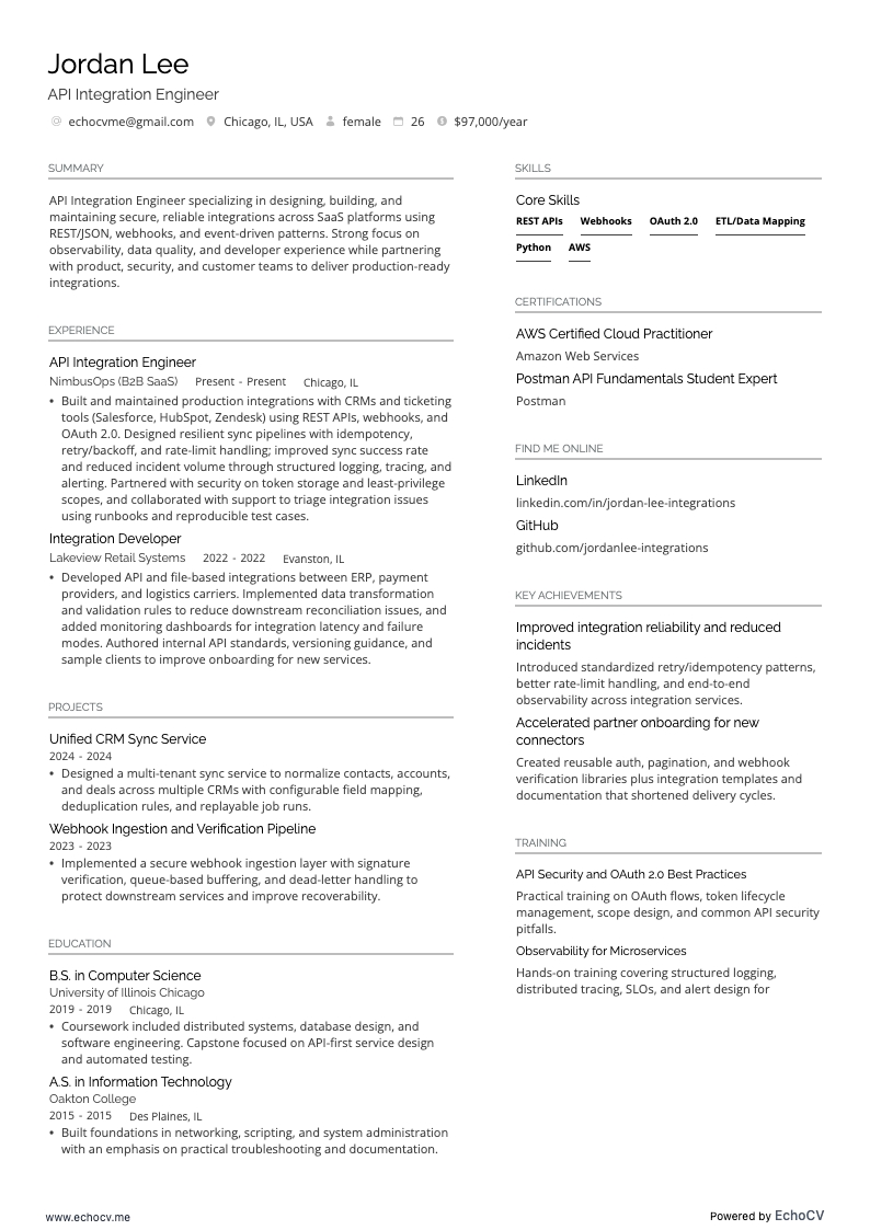 통합 개발자 resume example