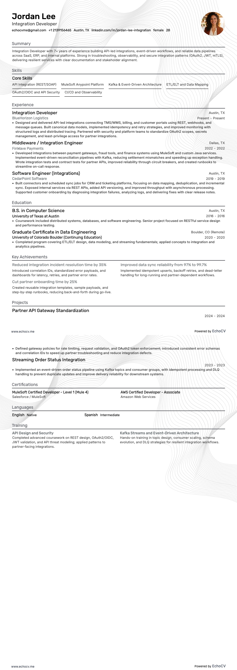 Integration Developer example resume