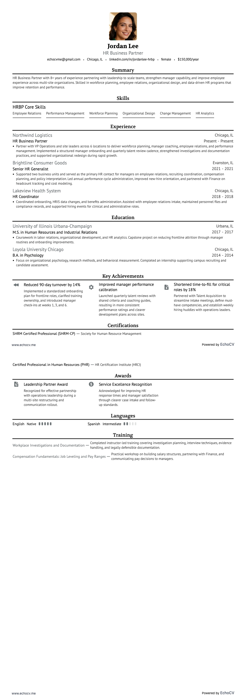 HR Business Partner example resume