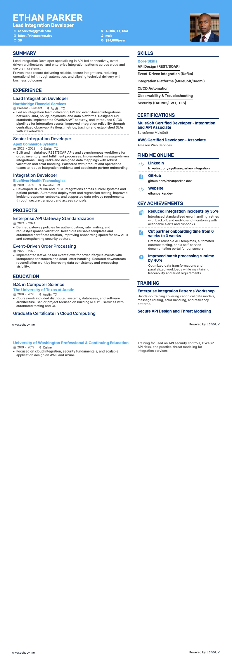 Desarrollador de Integraciones resume example