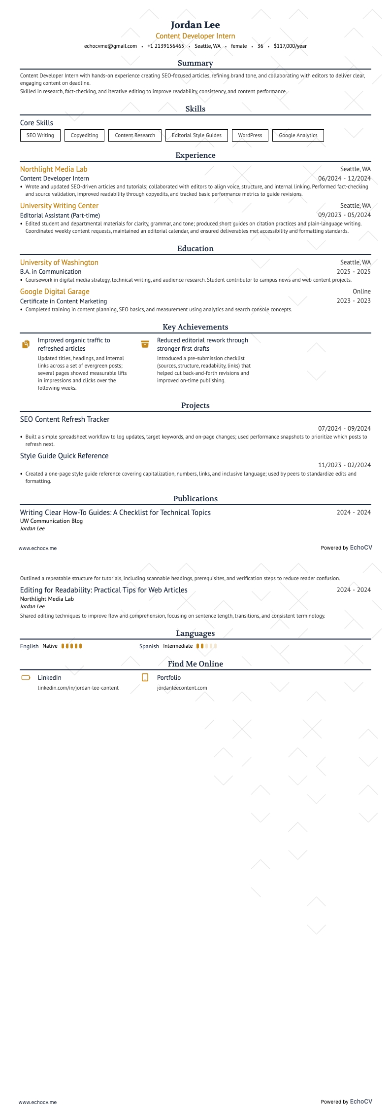 コンテンツ開発者 resume example