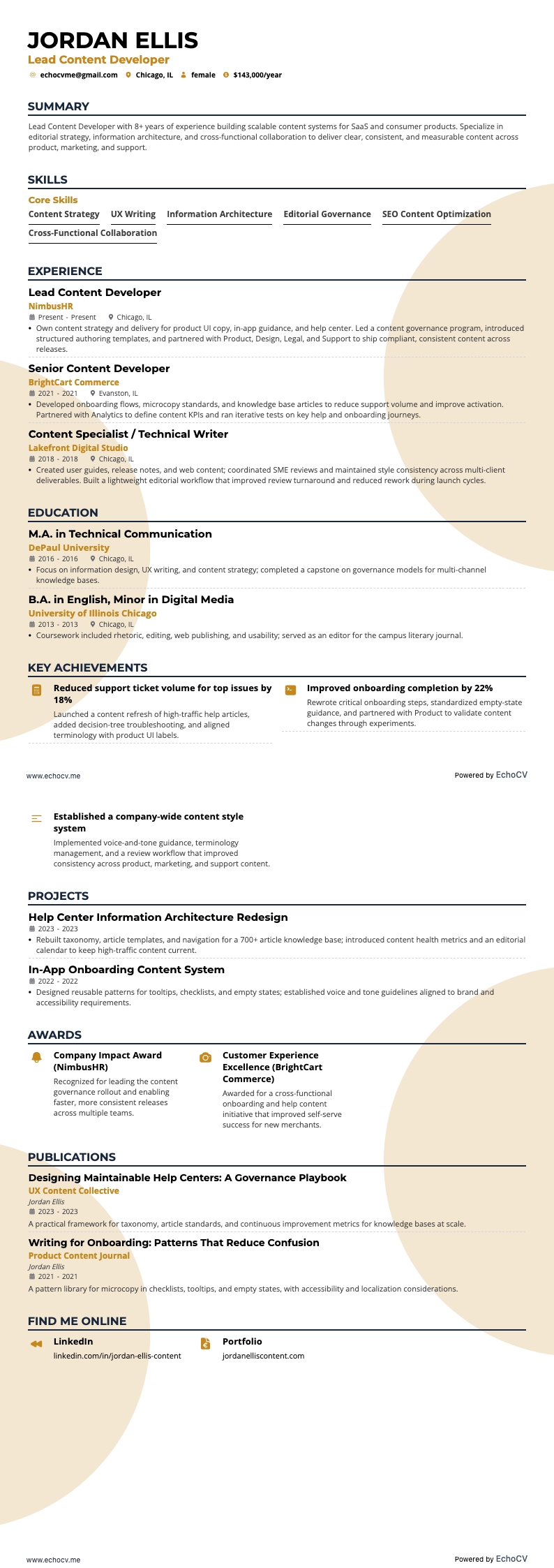 Lead contentontwikkelaar resume example