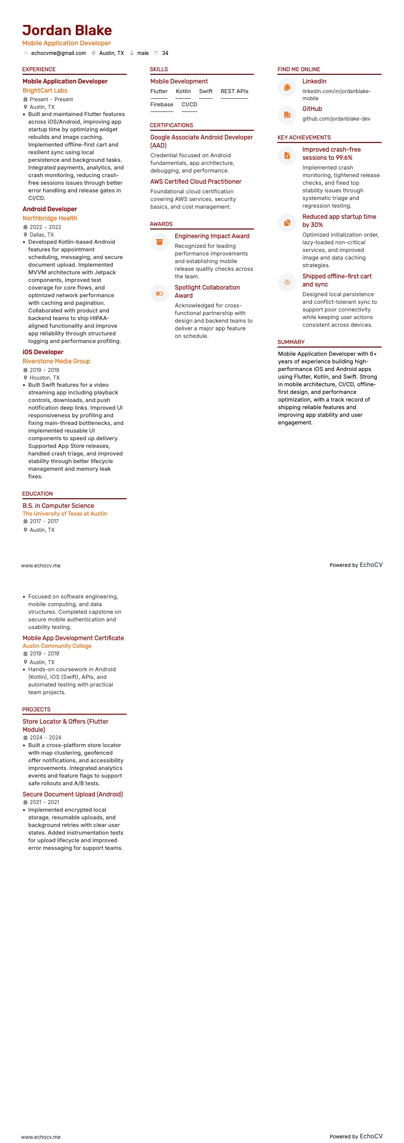 Desenvolvedor de aplicativos móveis example resume