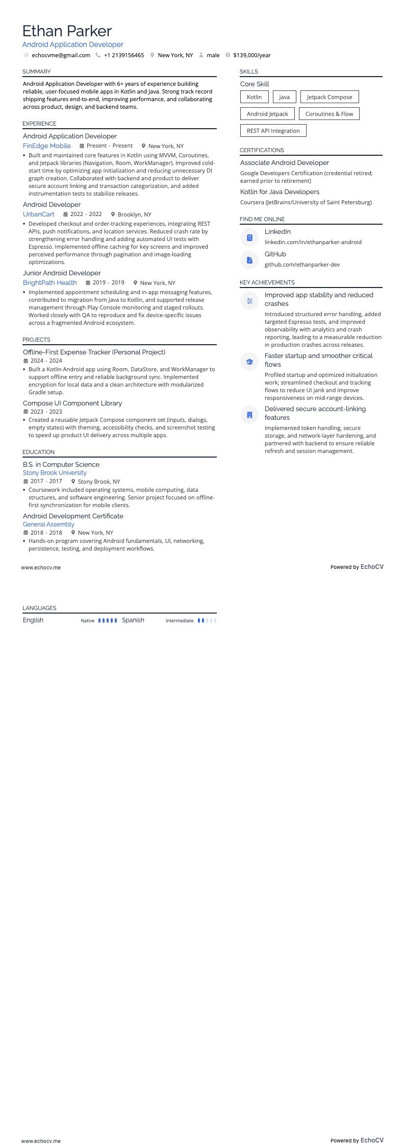 Desenvolvedor de aplicativos móveis resume example