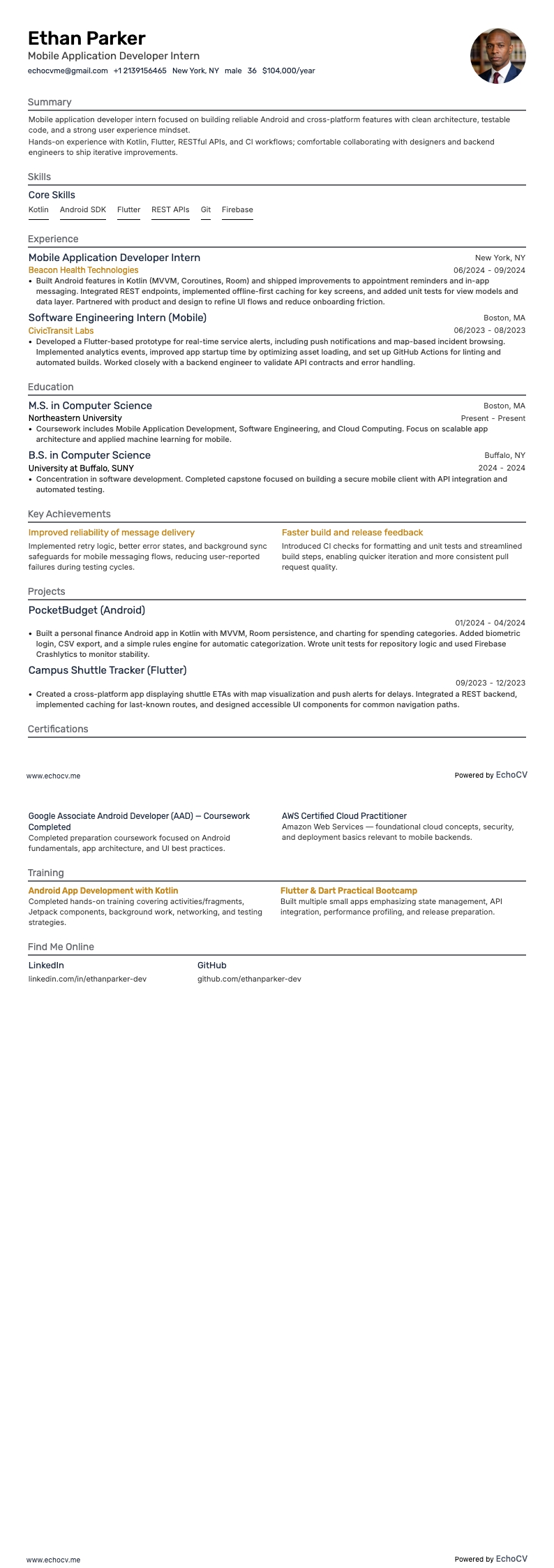 Desarrollador de aplicaciones móviles resume example