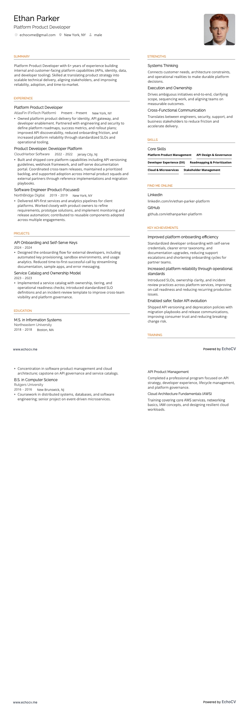 제품 개발자 resume example