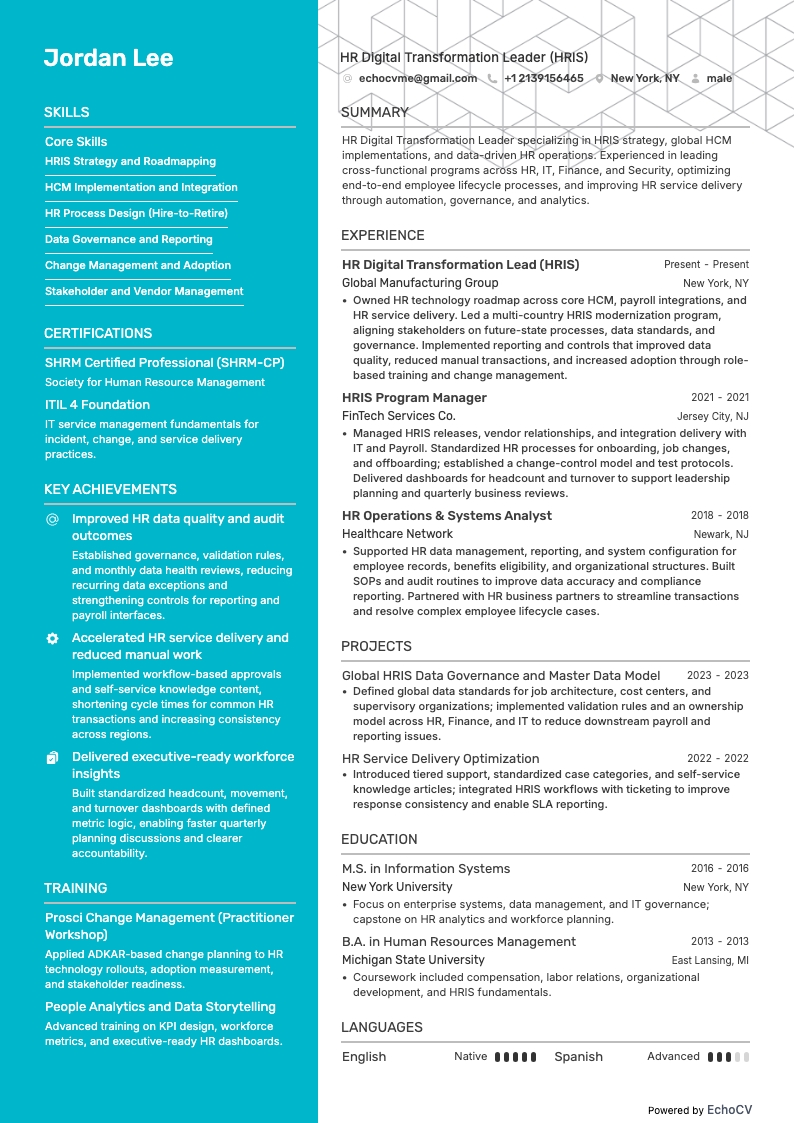 HR Digital Transformation Leader (HRIS) example resume