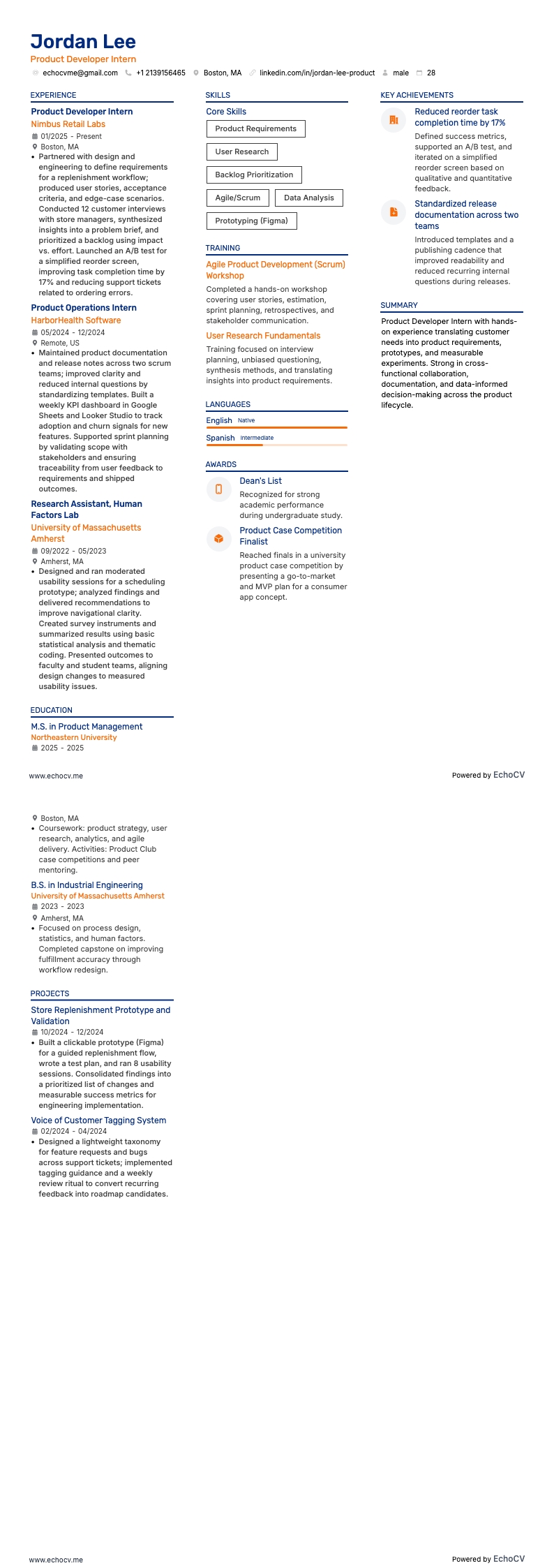 Product Developer Intern example resume