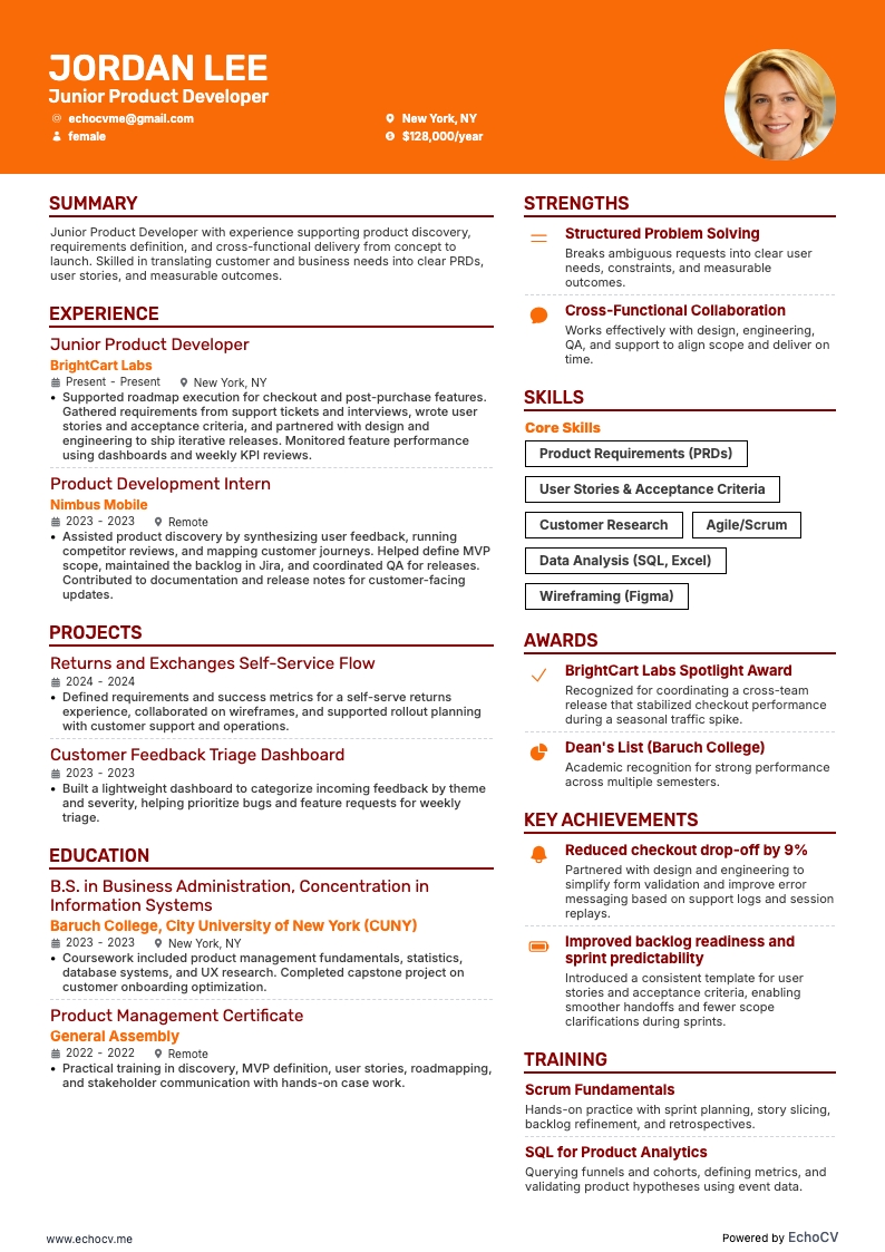 Junior Product Developer example resume
