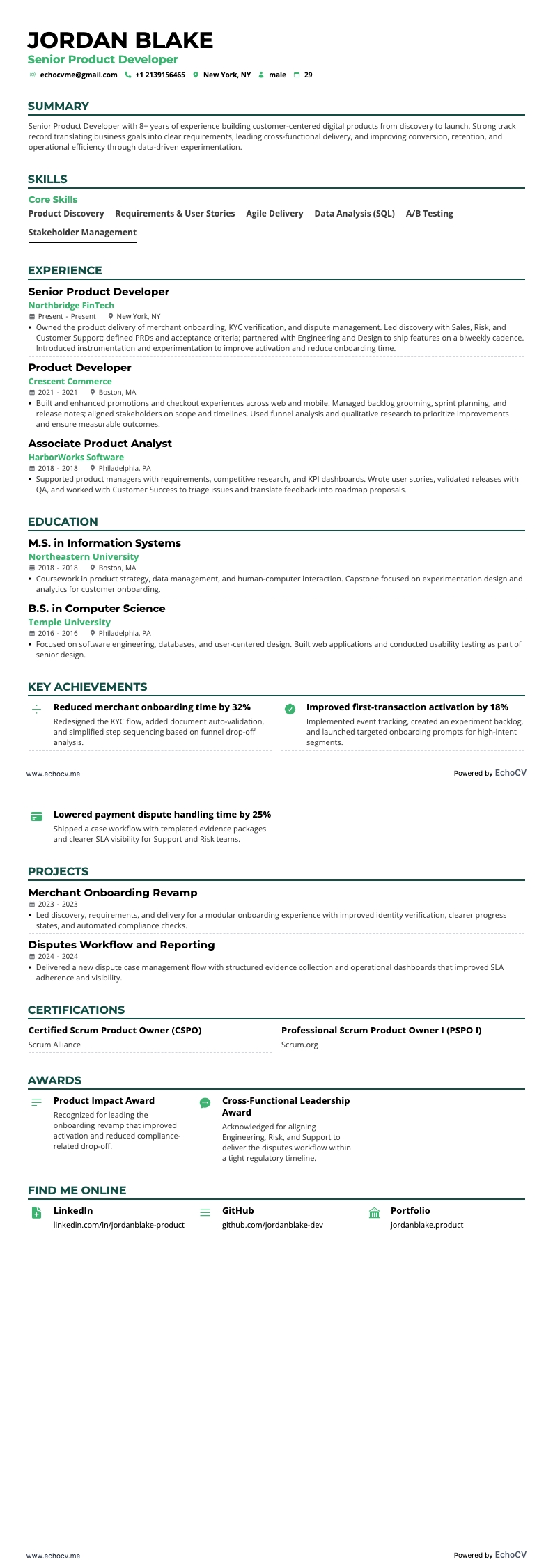 プロダクトデベロッパー resume example